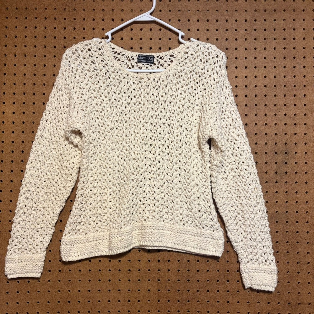 Objects d'Art Cream Open Knit Crochet Cotton Sweater Womens Small Boho Beach